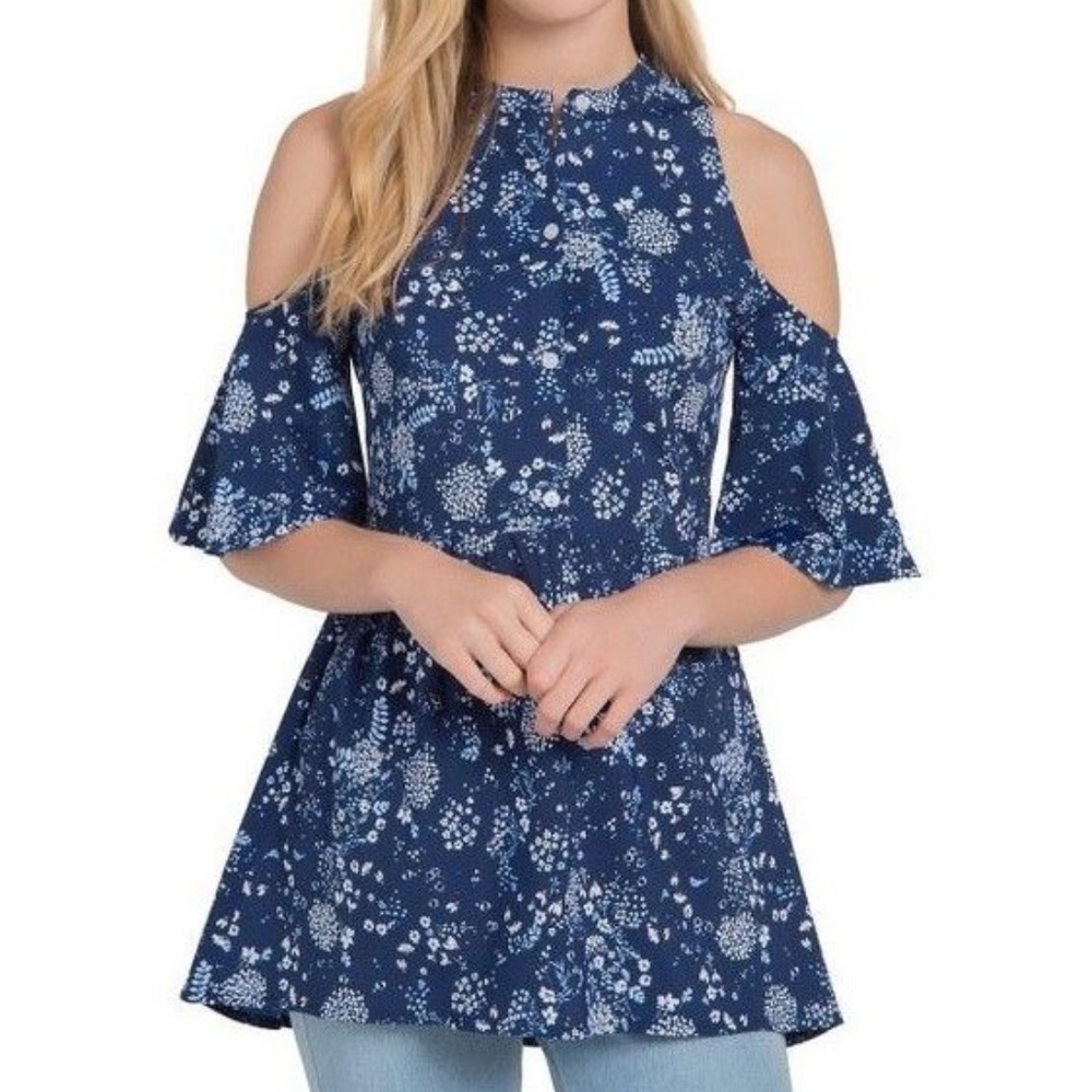 Lysee Navy Peplum Micro Fiber Cold Shoulder Top
